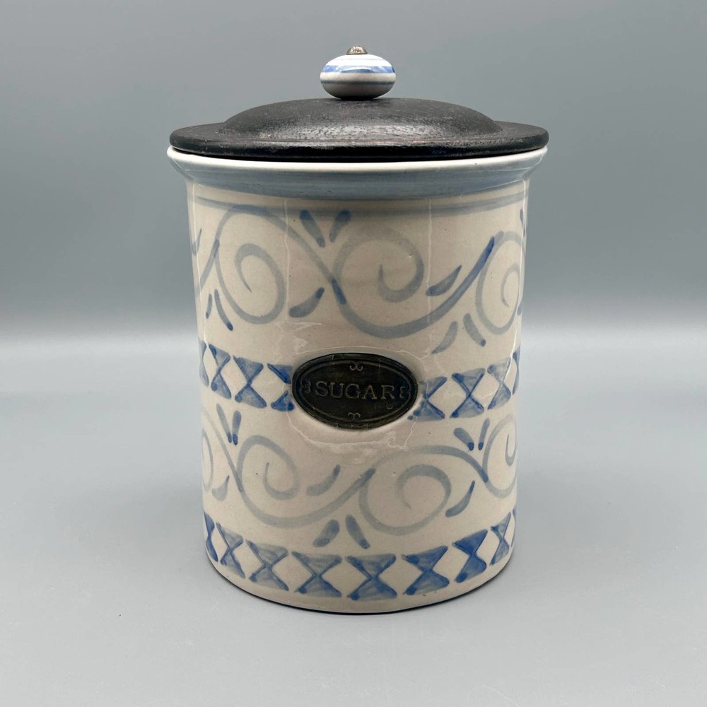 Blue & White Sugar Labeled Stoneware Canister/Crock 8”